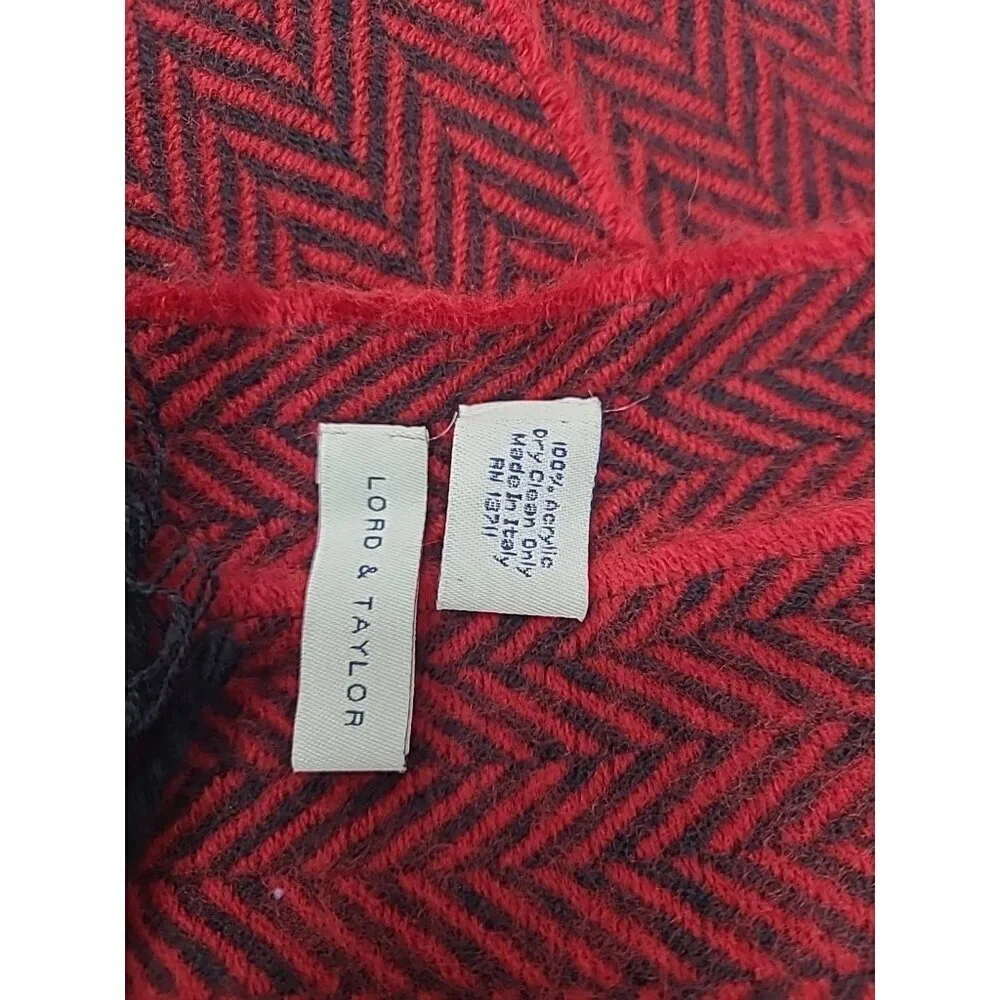 Lord & Taylor Wrap Scarf Red and Black Chervon Tassels Made in Italy